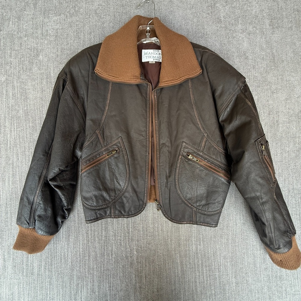 Vtg Brandon Thomas Leather Bomber Jacket Womens M Dark Brown Ribbed Collar